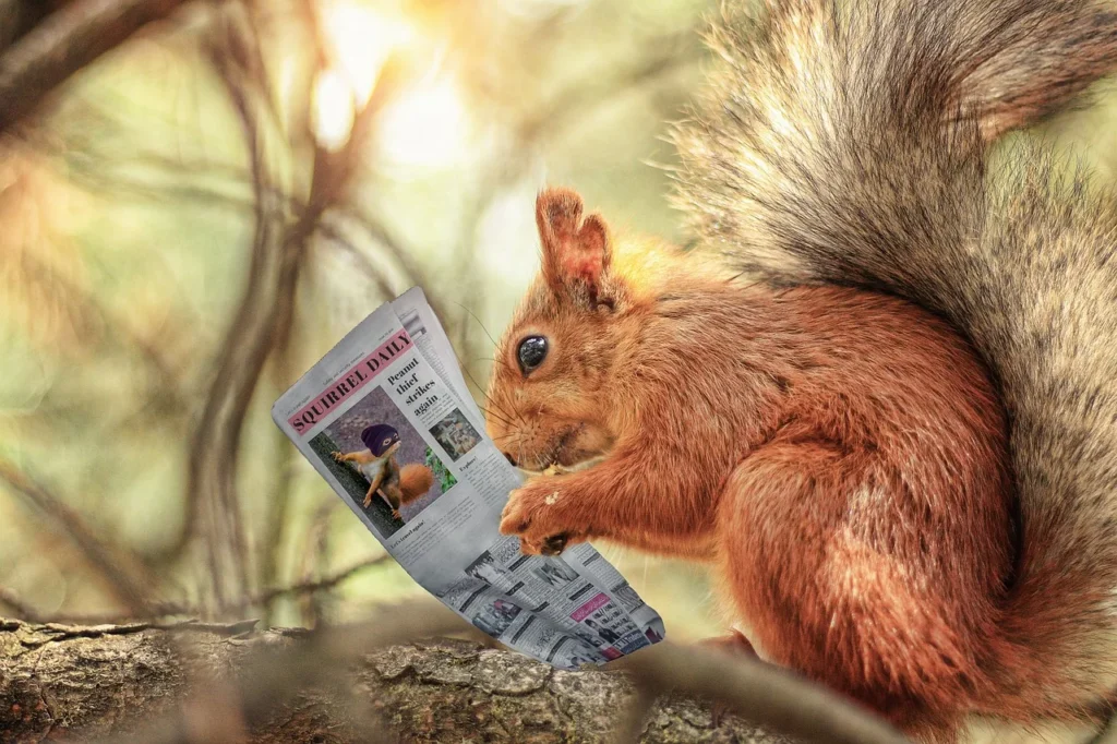 squirrel reading a newspaper