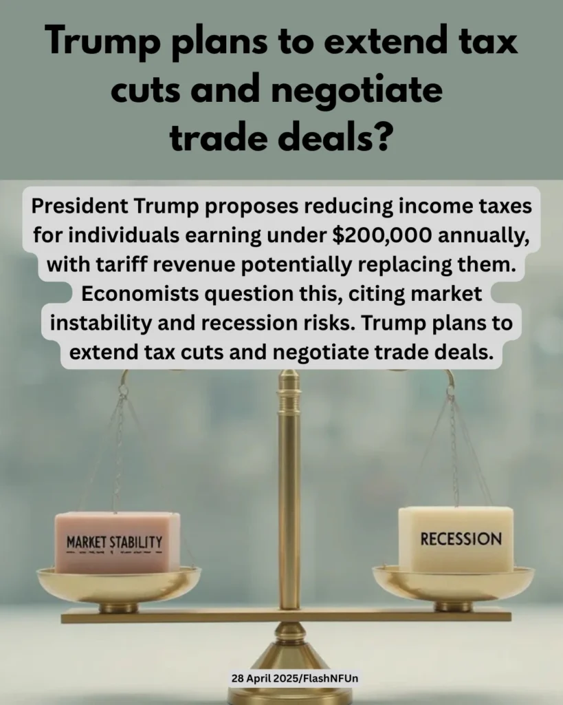 President Trump proposes reducing income taxes for individuals earning under $200,000 annually, with tariff revenue potentially replacing them. Economists question this, citing market instability and recession risks. Trump plans to extend tax cuts and negotiate trade deals.
