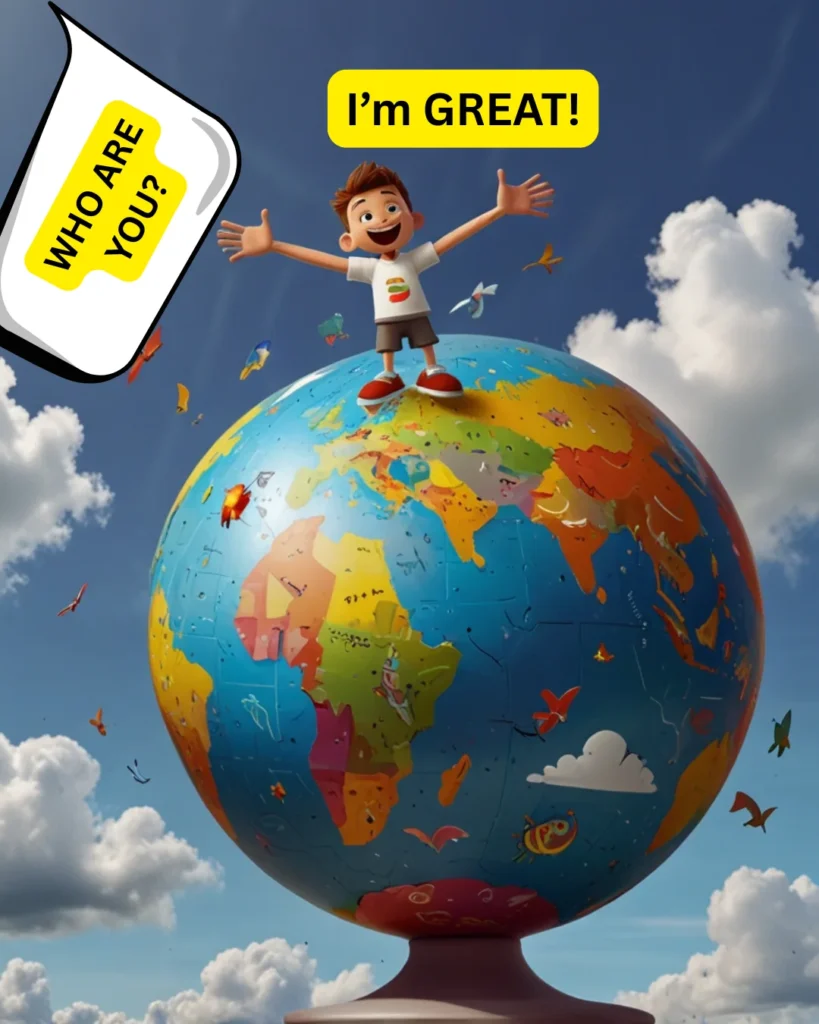 A confident individual stands against a bold backdrop featuring the phrase “I’m GREAT! WHO ARE YOU?” in large, eye-catching letters. The design exudes a sense of self-assurance and motivation.
