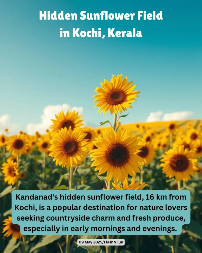 Kandanad's hidden sunflower field, 16 km from Kochi, is a popular destination for nature lovers seeking countryside charm and fresh produce, especially in early mornings and evenings.