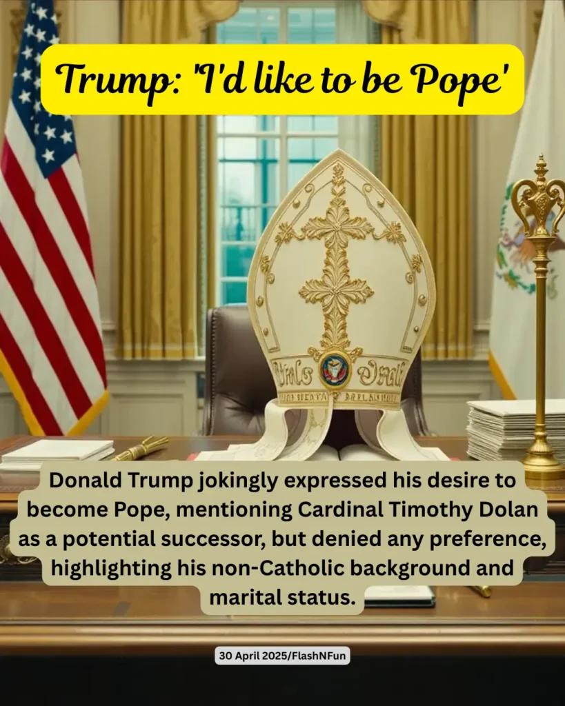 Donald Trump jokingly expressed his desire to become Pope, mentioning Cardinal Timothy Dolan as a potential successor, but denied any preference, highlighting his non-Catholic background and marital status.