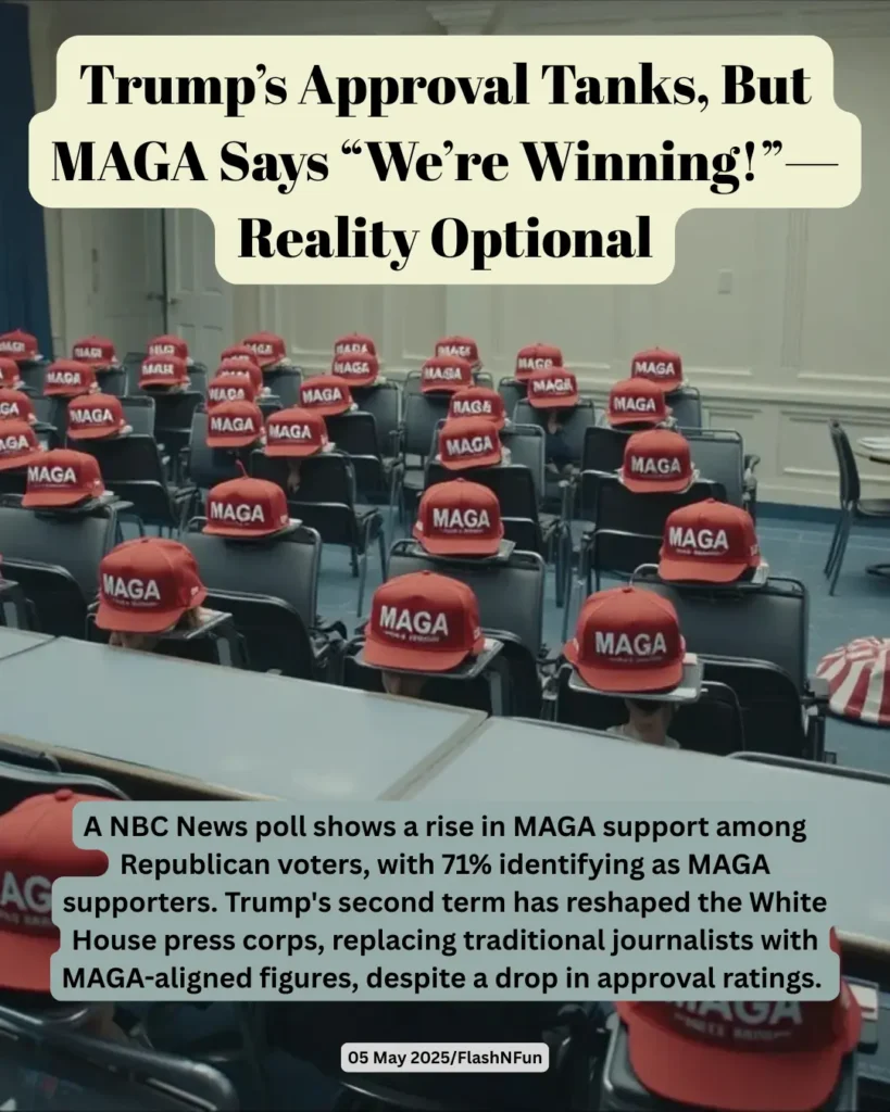 A NBC News poll shows a rise in MAGA support among Republican voters, with 71% identifying as MAGA supporters. Trump's second term has reshaped the White House press corps, replacing traditional journalists with MAGA-aligned figures, despite a drop in approval rating