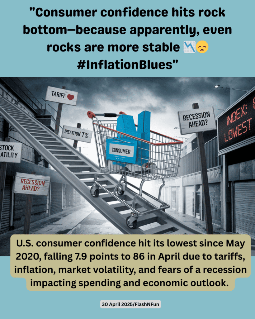 U.S. consumer confidence hit its lowest since May 2020, falling 7.9 points to 86 in April due to tariffs, inflation, market volatility, and fears of a recession impacting spending and economic outlook.