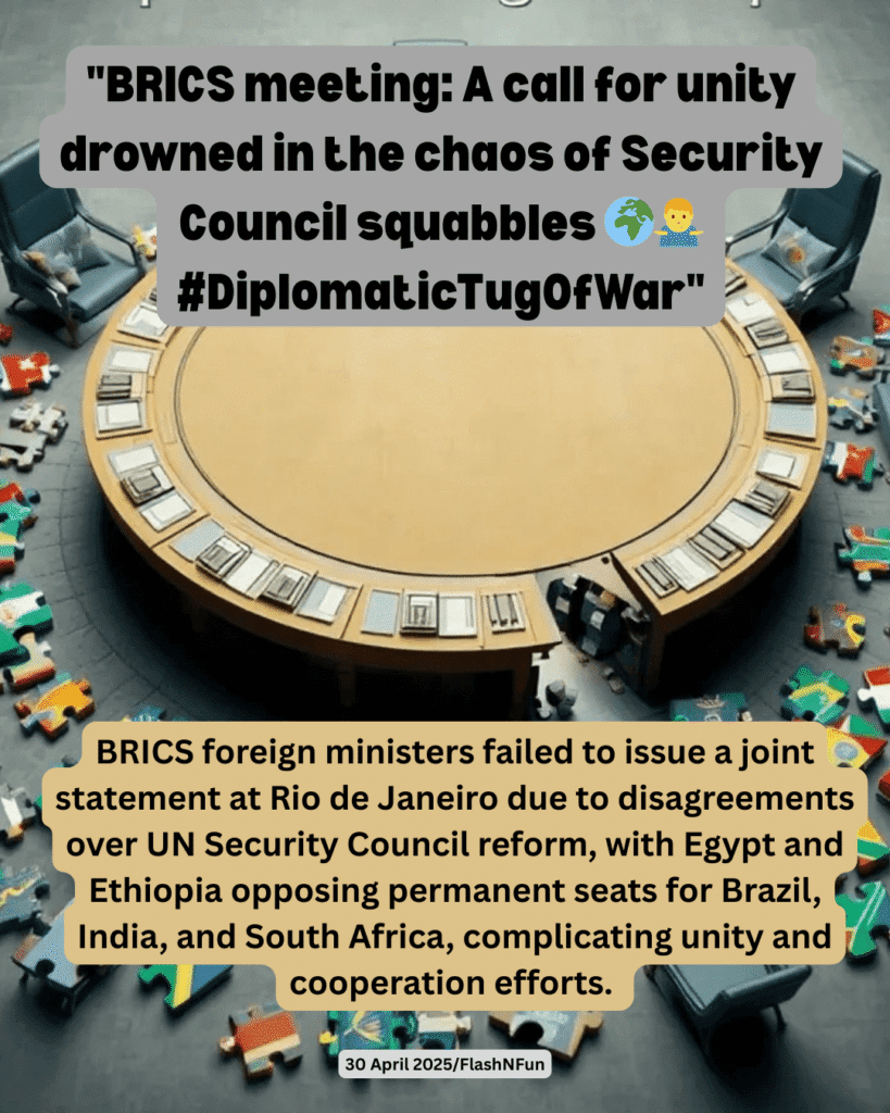 BRICS foreign ministers failed to issue a joint statement at Rio de Janeiro due to disagreements over UN Security Council reform, with Egypt and Ethiopia opposing permanent seats for Brazil, India, and South Africa, complicating unity and cooperation efforts.