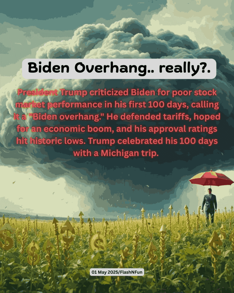 President Trump criticized Biden for poor stock market performance in his first 100 days, calling it a "Biden overhang." He defended tariffs, hoped for an economic boom, and his approval ratings hit historic lows. Trump celebrated his 100 days with a Michigan trip.