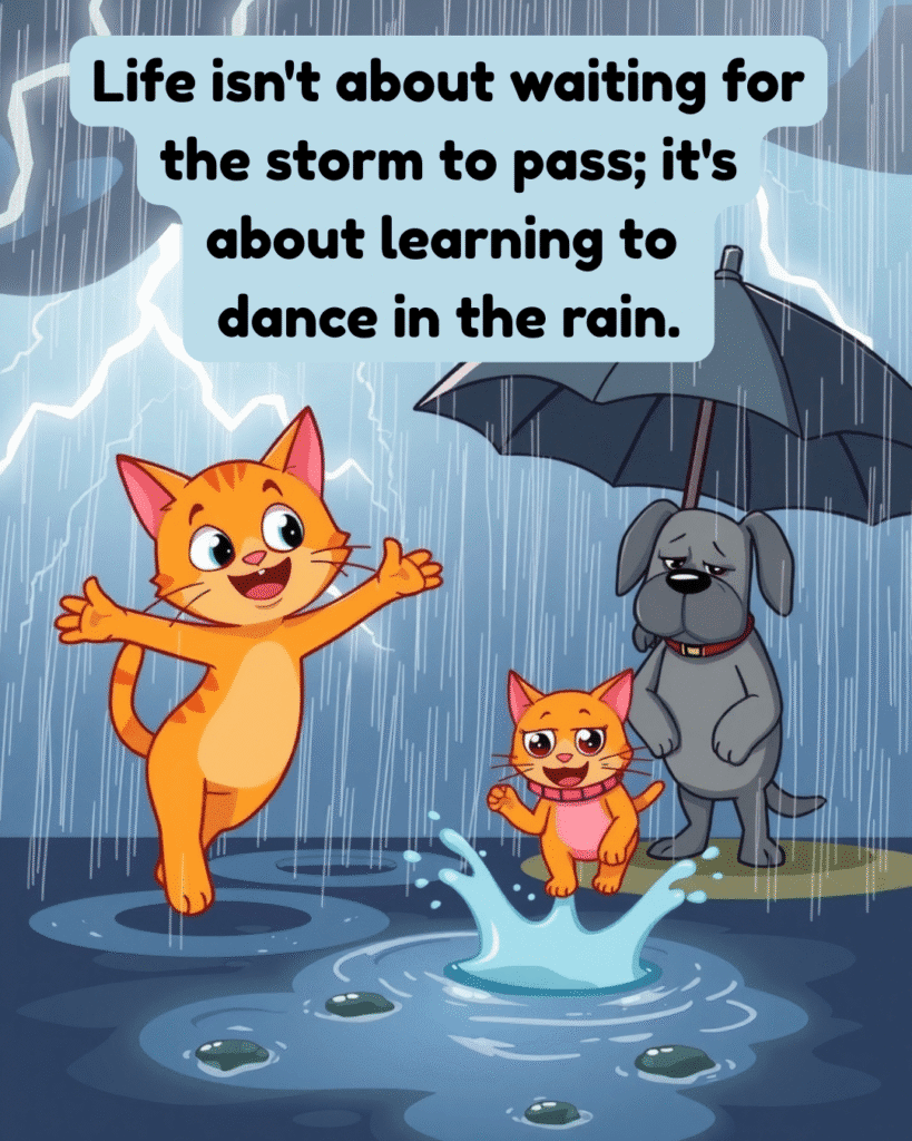 This uplifting cartoon meme features cheerful cats and a dog in a rainstorm, perfectly illustrating the quote, “Life isn’t about waiting for the storm to pass; it’s about learning to dance in the rain.” Share this inspirational life quote meme to spread positivity, resilience, and the courage to find joy in tough times.