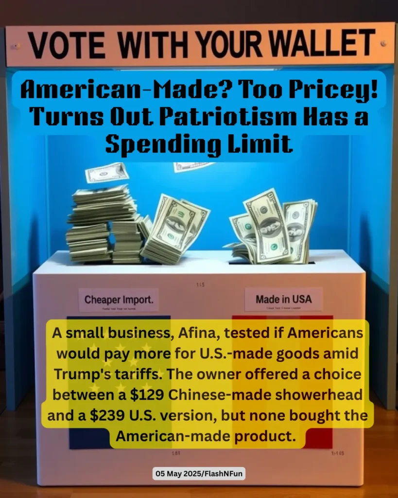 A small business, Afina, tested if Americans would pay more for U.S.-made goods amid Trump's tariffs. The owner offered a choice between a $129 Chinese-made showerhead and a $239 U.S. version, but none bought the American-made product.
American-Made? Too Pricey! Turns Out Patriotism Has a Spending Limit