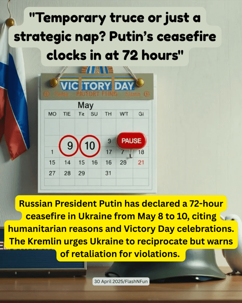 Russian President Putin has declared a 72-hour ceasefire in Ukraine from May 8 to 10, citing humanitarian reasons and Victory Day celebrations. The Kremlin urges Ukraine to reciprocate but warns of retaliation for violations.