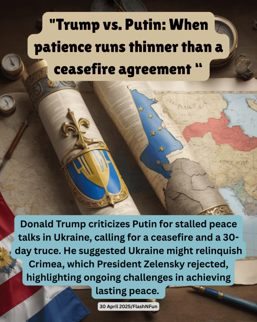 Donald Trump criticizes Putin for stalled peace talks in Ukraine, calling for a ceasefire and a 30-day truce. He suggested Ukraine might relinquish Crimea, which President Zelensky rejected, highlighting ongoing challenges in achieving lasting peace.