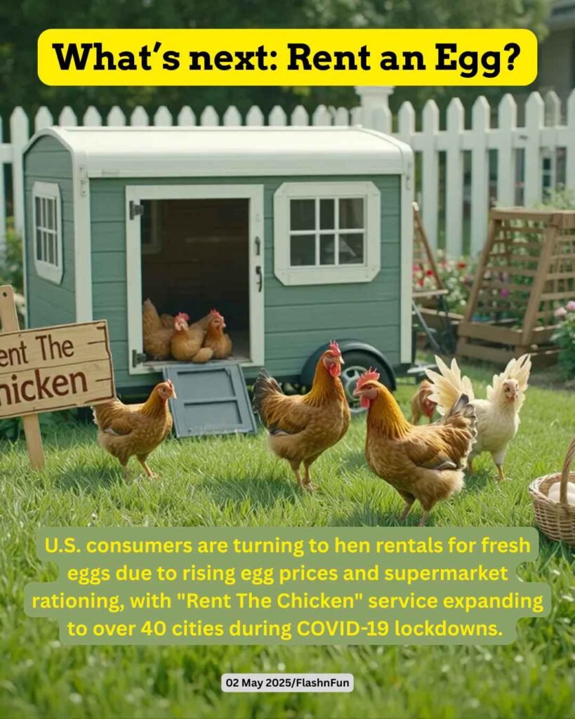 U.S. consumers are turning to hen rentals for fresh eggs due to rising egg prices and supermarket rationing, with "Rent The Chicken" service expanding to over 40 cities during COVID-19 lockdowns.