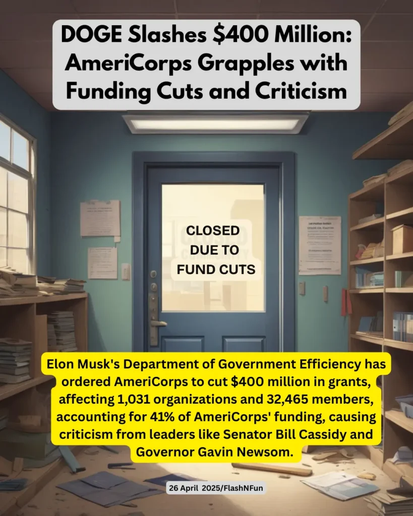 Elon Musk's Department of Government Efficiency has ordered AmeriCorps to cut $400 million in grants, affecting 1,031 organizations and 32,465 members, accounting for 41% of AmeriCorps' funding, causing criticism from leaders like Senator Bill Cassidy and Governor Gavin Newsom.