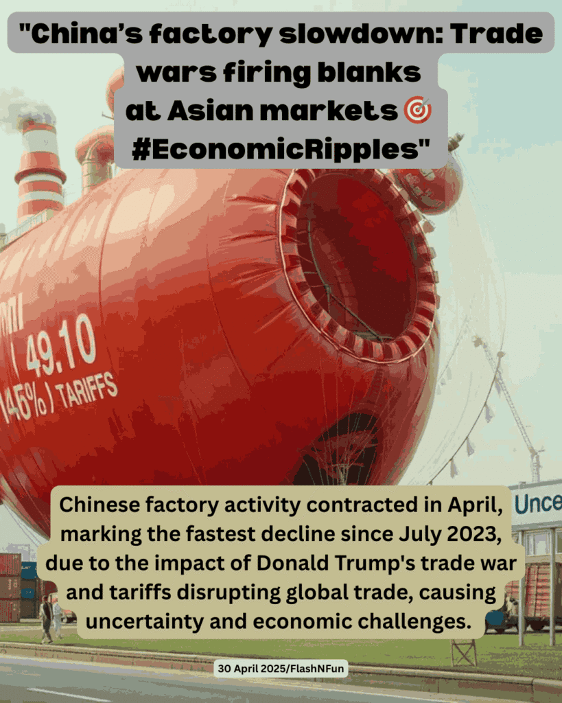 Chinese factory activity contracted in April, marking the fastest decline since July 2023, due to the impact of Donald Trump's trade war and tariffs disrupting global trade, causing uncertainty and economic challenges.
