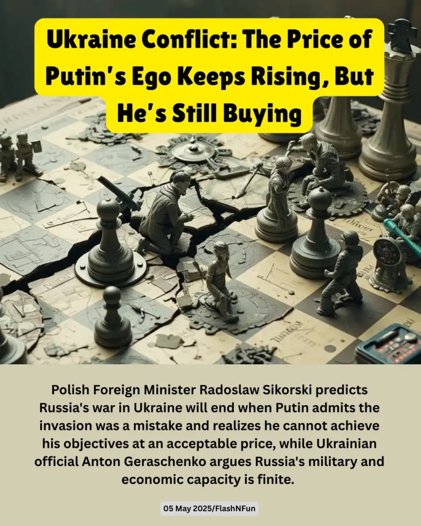 Polish Foreign Minister Radoslaw Sikorski predicts Russia's war in Ukraine will end when Putin admits the invasion was a mistake and realizes he cannot achieve his objectives at an acceptable price, while Ukrainian official Anton Geraschenko argues Russia's military and economic capacity is finite.