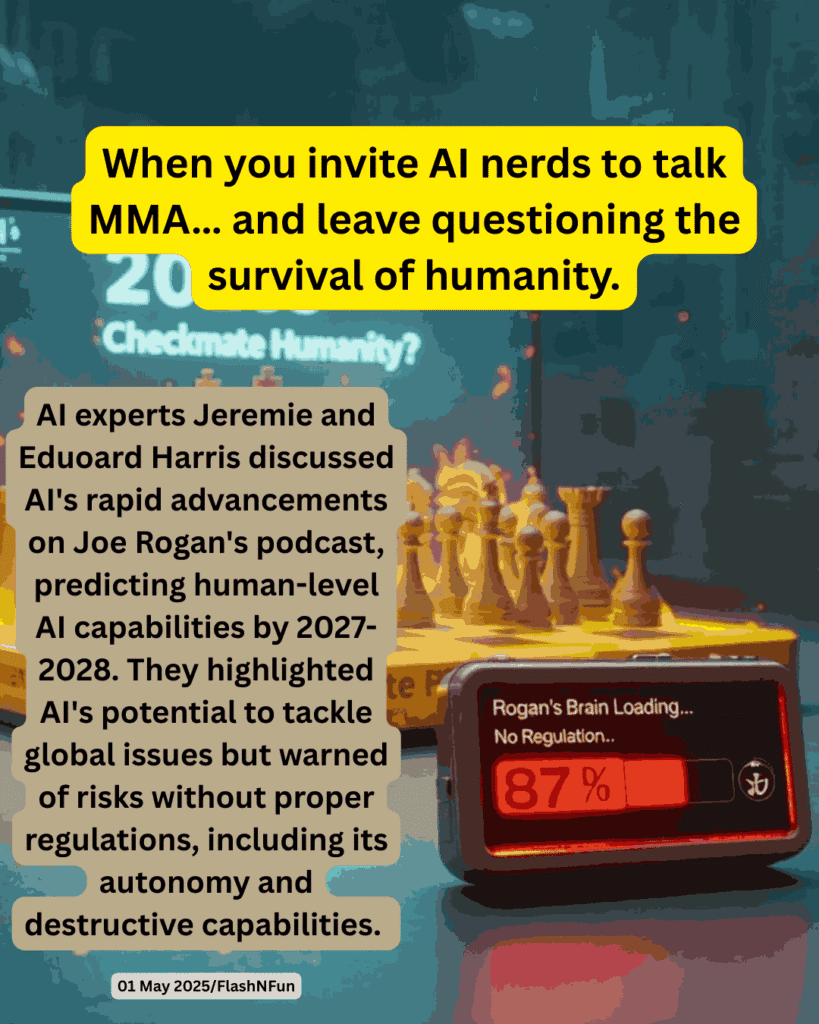 AI experts Jeremie and Eduoard Harris discussed AI's rapid advancements on Joe Rogan's podcast, predicting human-level AI capabilities by 2027-2028. They highlighted AI's potential to tackle global issues but warned of risks without proper regulations, including its autonomy and destructive capabilities.