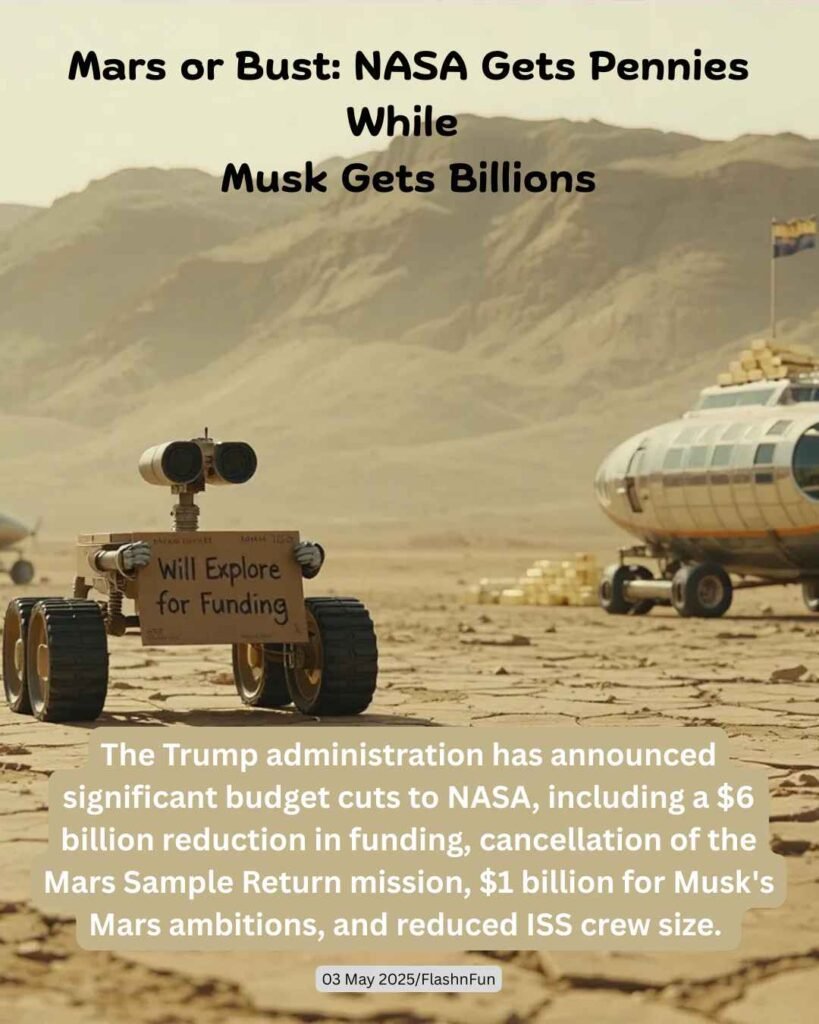 The Trump administration has announced significant budget cuts to NASA, including a $6 billion reduction in funding, cancellation of the Mars Sample Return mission, $1 billion for Musk's Mars ambitions, and reduced ISS crew size.