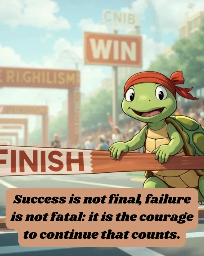 This motivational turtle meme features a cheerful cartoon turtle crossing the finish line, perfectly illustrating the quote, “Success is not final, failure is not fatal: it is the courage to continue that counts.” Share this uplifting life quote meme to inspire perseverance, resilience, and positivity in overcoming challenges and achieving personal growth