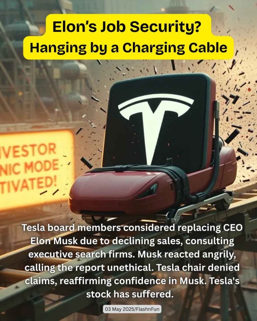 Tesla board members considered replacing CEO Elon Musk due to declining sales, consulting executive search firms. Musk reacted angrily, calling the report unethical. Tesla chair denied claims, reaffirming confidence in Musk. Tesla's stock has suffered.