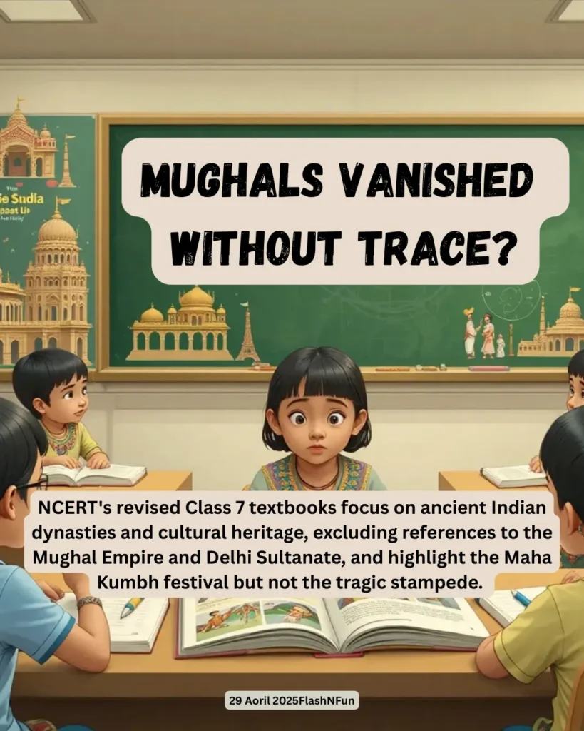 NCERT's revised Class 7 textbooks focus on ancient Indian dynasties and cultural heritage, excluding references to the Mughal Empire and Delhi Sultanate, and highlight the Maha Kumbh festival but not the tragic stampede.