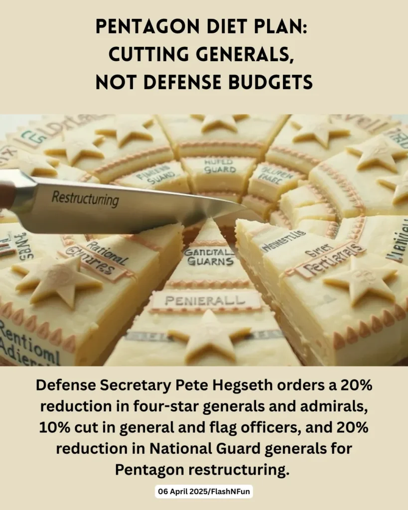 Defense Secretary Pete Hegseth orders a 20% reduction in four-star generals and admirals, 10% cut in general and flag officers, and 20% reduction in National Guard generals for Pentagon restructuring.
