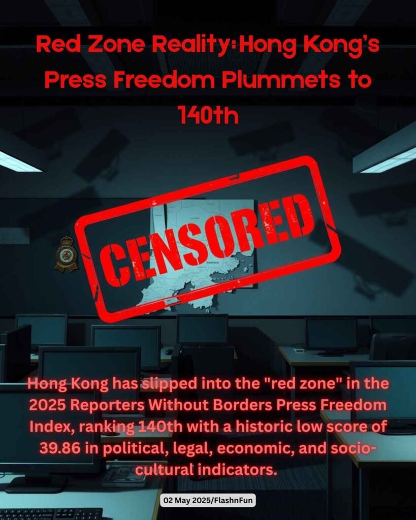Hong Kong has slipped into the "red zone" in the 2025 Reporters Without Borders Press Freedom Index, ranking 140th with a historic low score of 39.86 in political, legal, economic, and socio-cultural indicators.