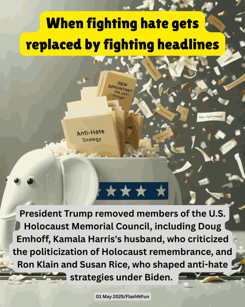 President Trump removed members of the U.S. Holocaust Memorial Council, including Doug Emhoff, Kamala Harris's husband, who criticized the politicization of Holocaust remembrance, and Ron Klain and Susan Rice, who shaped anti-hate strategies under Biden.