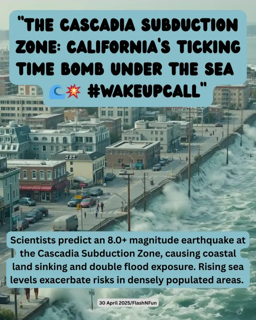 Scientists predict an 8.0+ magnitude earthquake at the Cascadia Subduction Zone, causing coastal land sinking and double flood exposure. Rising sea levels exacerbate risks in densely populated areas