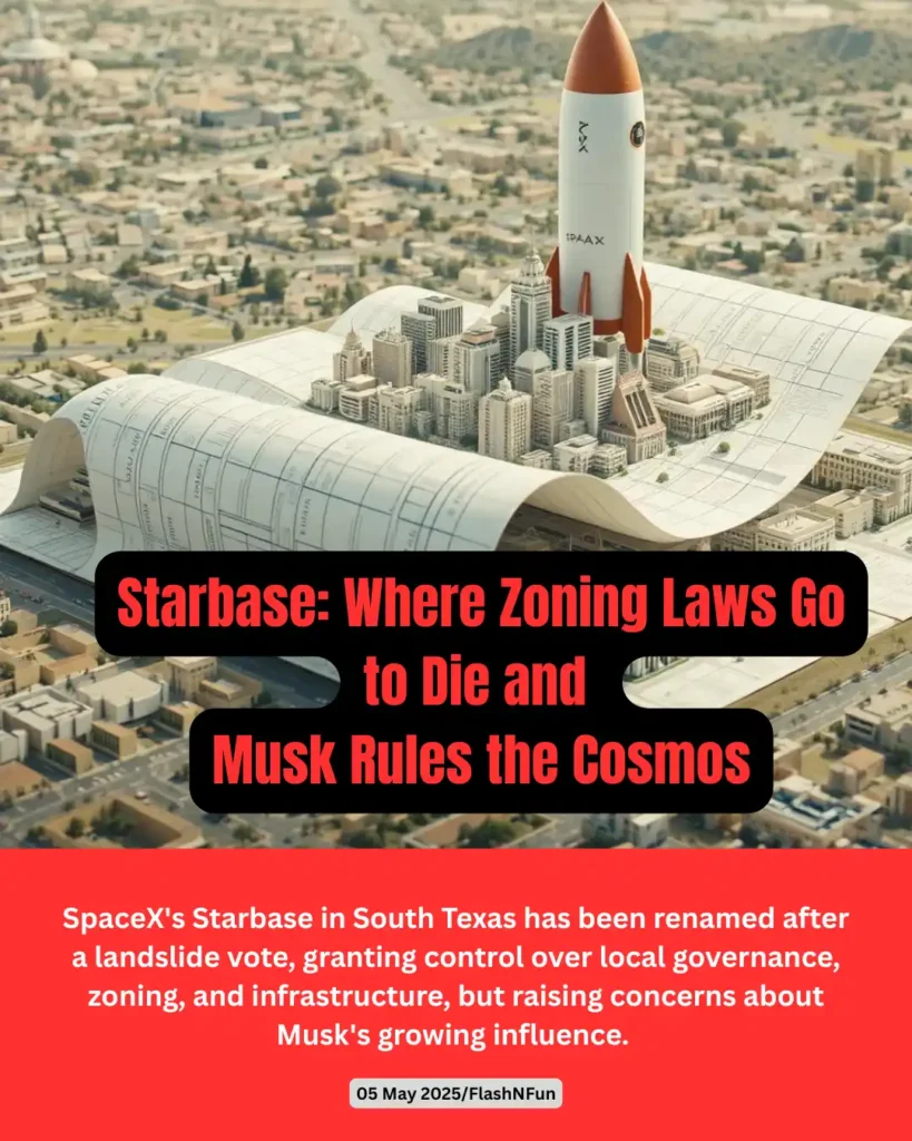 SpaceX's Starbase in South Texas has been renamed after a landslide vote, granting control over local governance, zoning, and infrastructure, but raising concerns about Musk's growing influence.