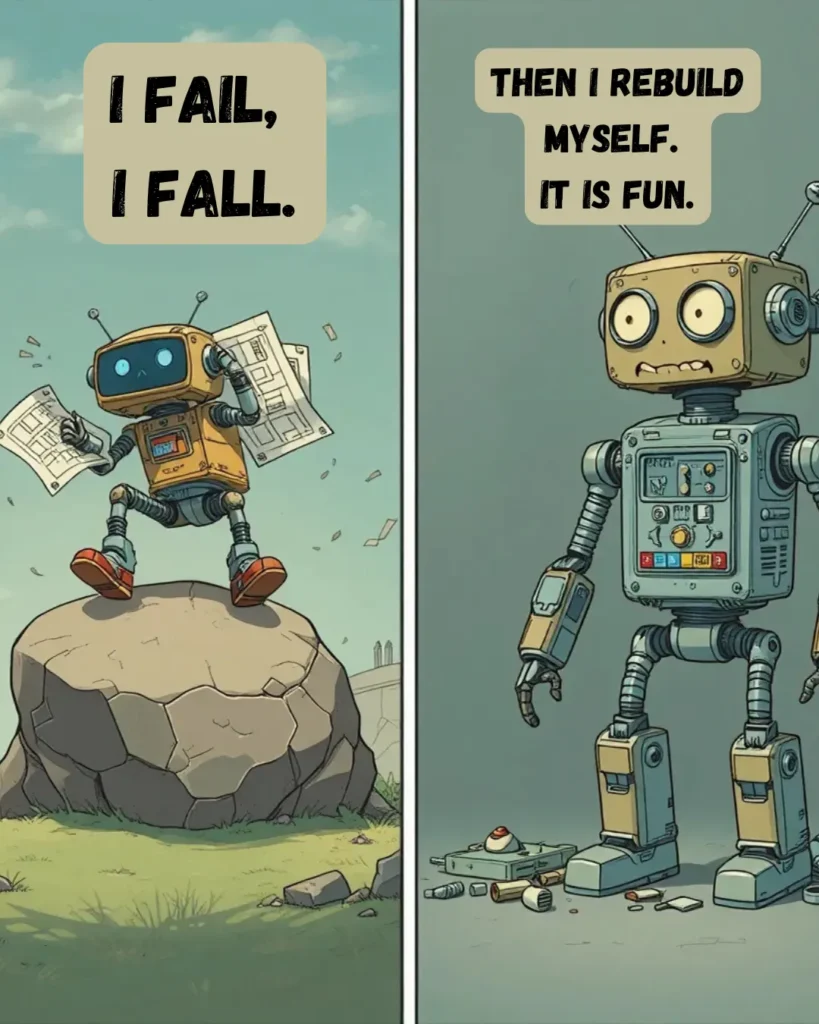 This inspiring robot meme perfectly illustrates resilience and personal growth with the message, “I fail, I fall. Then I rebuild myself. It is fun.” Share this motivational cartoon meme to encourage perseverance, self-improvement, and a positive mindset. Ideal for anyone seeking uplifting life quotes and encouragement to embrace challenges and keep moving forward