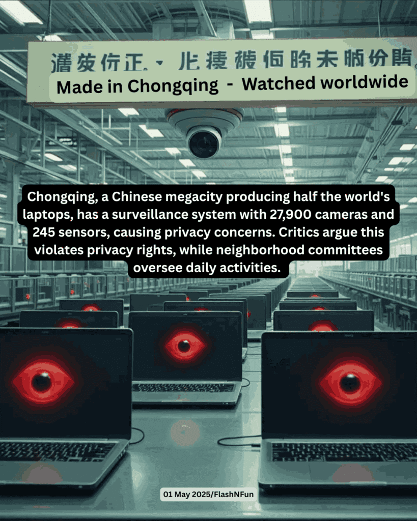 Chongqing, a Chinese megacity producing half the world's laptops, has a surveillance system with 27,900 cameras and 245 sensors, causing privacy concerns. Critics argue this violates privacy rights, while neighborhood committees oversee daily activities.