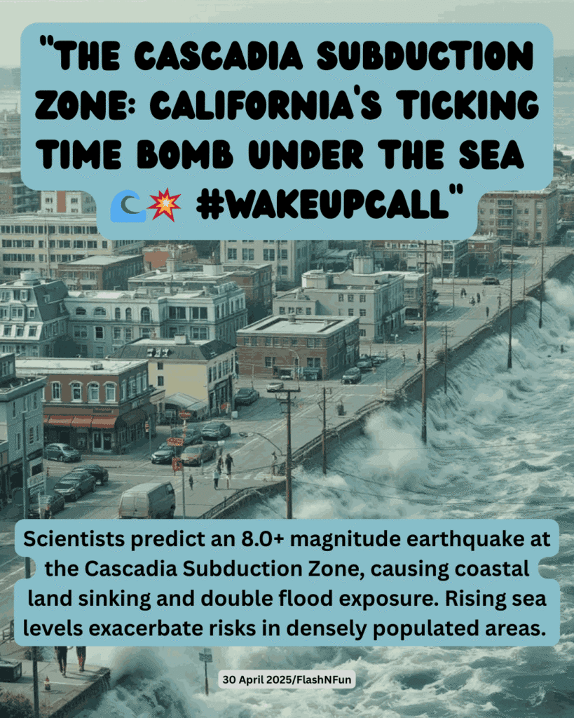 Scientists predict an 8.0+ magnitude earthquake at the Cascadia Subduction Zone, causing coastal land sinking and double flood exposure. Rising sea levels exacerbate risks in densely populated areas