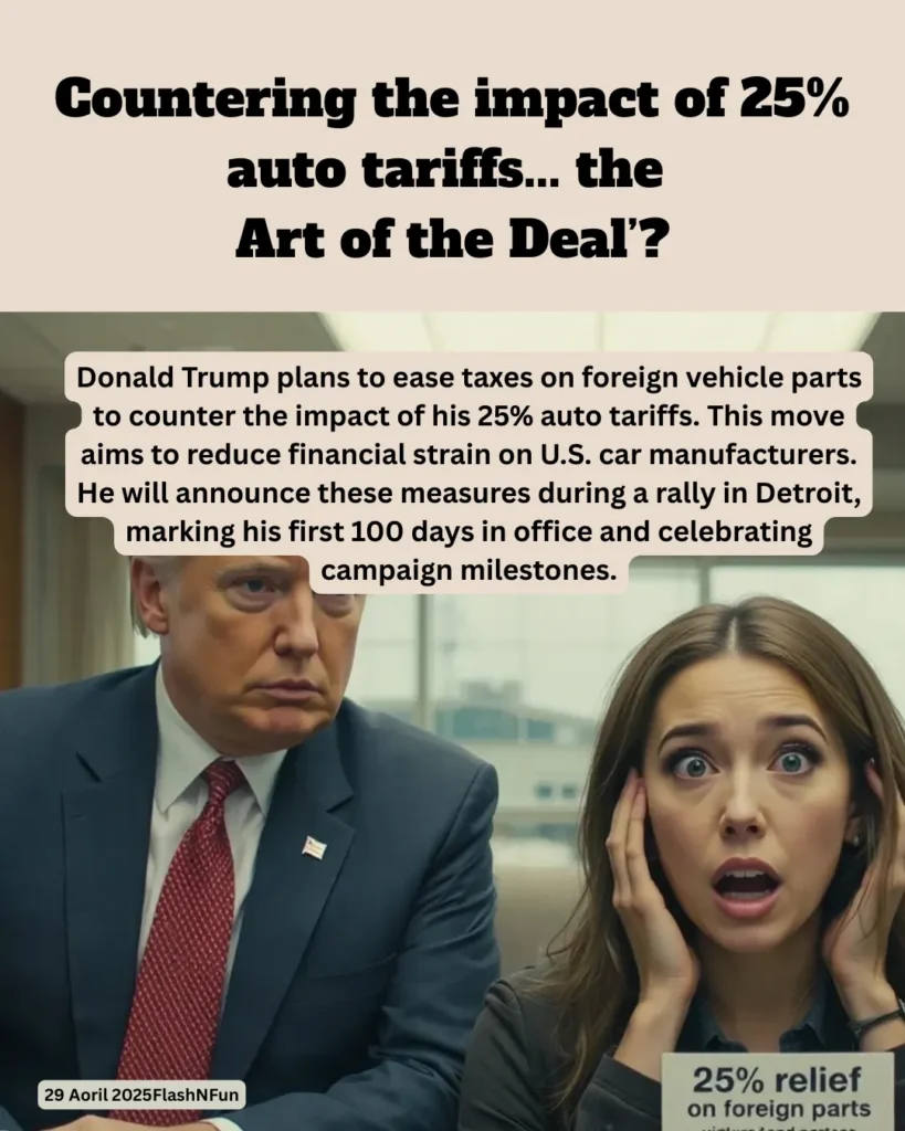 Donald Trump plans to ease taxes on foreign vehicle parts to counter the impact of his 25% auto tariffs. This move aims to reduce financial strain on U.S. car manufacturers. He will announce these measures during a rally in Detroit, marking his first 100 days in office and celebrating campaign milestones.