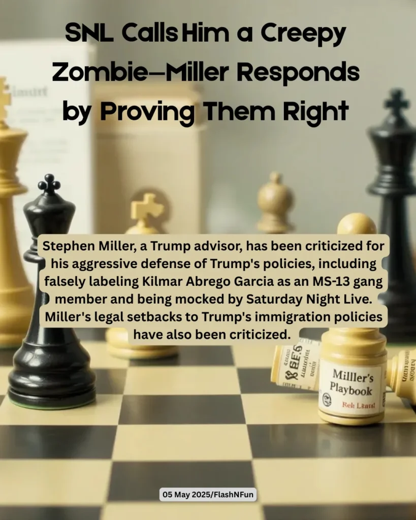 Stephen Miller, a Trump advisor, has been criticized for his aggressive defense of Trump's policies, including falsely labeling Kilmar Abrego Garcia as an MS-13 gang member and being mocked by Saturday Night Live. Miller's legal setbacks to Trump's immigration policies have also been criticized.
