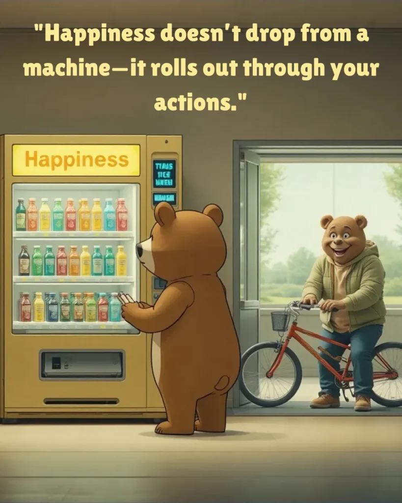 This feel-good bear meme delivers a powerful life quote: “Happiness doesn't drop from a machine—it rolls out through your actions.” Ideal for motivation lovers, happiness memes, and action-driven wisdom. A funny yet insightful reminder that true joy stems from what you do, not what you expect. Share the message, spread the cheer!