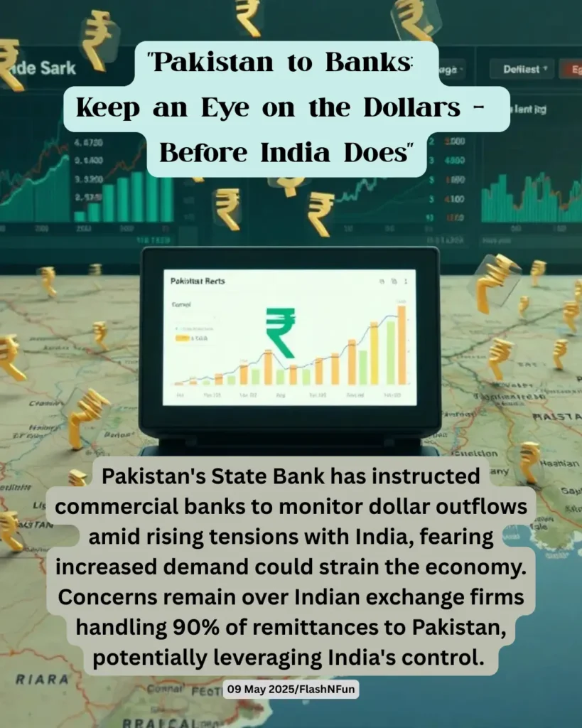 Pakistan's State Bank has instructed commercial banks to monitor dollar outflows amid rising tensions with India, fearing increased demand could strain the economy. Concerns remain over Indian exchange firms handling 90% of remittances to Pakistan, potentially leveraging India's control.