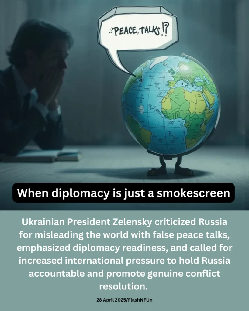 Ukrainian President Zelensky criticized Russia for misleading the world with false peace talks, emphasized diplomacy readiness, and called for increased international pressure to hold Russia accountable and promote genuine conflict resolution.