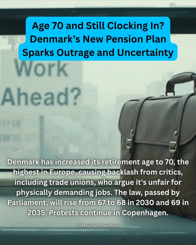 Denmark has increased its retirement age to 70, the highest in Europe, causing backlash from critics, including trade unions, who argue it's unfair for physically demanding jobs. The law, passed by Parliament, will rise from 67 to 68 in 2030 and 69 in 2035. Protests continue in Copenhagen.#denmarknews, #retirementage, #pensionreform, #europeanpolicy, #age70retirement, #labourrights, #tradeunions, #socialjustice, #copenhagenprotests, #seniorworkers, #workplaceequity, #publicpolicy, #governmentreform, #agingworkforce, #retirementcrisis, #pensionpolicy, #europeannews, #danishparliament, #economicpolicy, #policychange