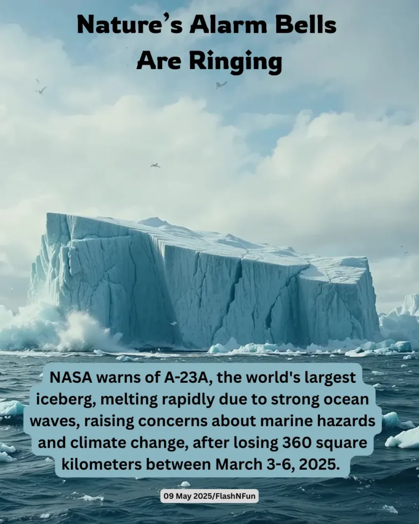 NASA warns of A-23A, the world's largest iceberg, melting rapidly due to strong ocean waves, raising concerns about marine hazards and climate change, after losing 360 square kilometers between March 3-6, 2025.