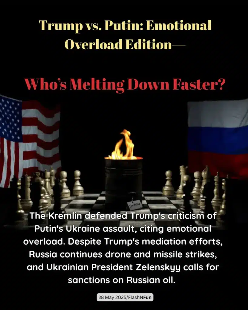 The Kremlin defended Trump's criticism of Putin's Ukraine assault, citing emotional overload. Despite Trump's mediation efforts, Russia continues drone and missile strikes, and Ukrainian President Zelenskyy calls for sanctions on Russian oil.#trumpvsputin, #emotionaloverload, #ukrainewar, #russiaukraineconflict, #kremlinnews, #zelenskyy, #russiasanctions, #trumpnews, #geopolitics2025, #flashnfun, #uspolitics, #russianoilban, #mediatortrump, #putinlatest, #warupdates, #droneattacks, #missilestrikes, #internationalconflict, #globaltensions, #sanctionrussia