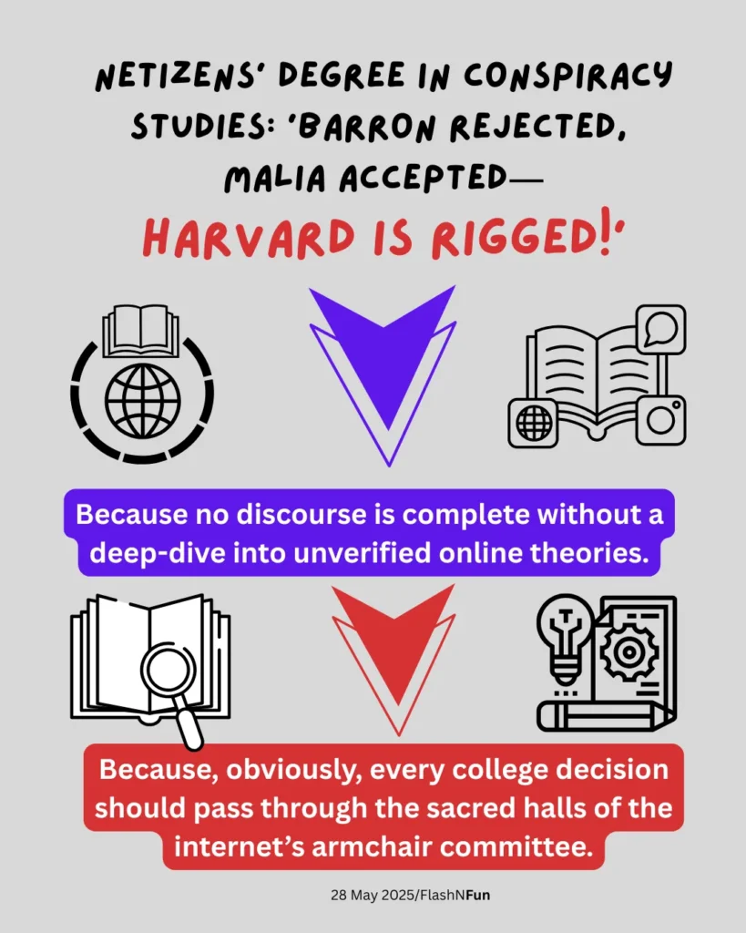 Netizens’ Degree in Conspiracy Studies: ‘Barron Rejected,
Malia Accepted—
Harvard Is Rigged!’#harvardadmissions, #conspiracystudies, #barrontrump, #maliaobama, #collegedrama, #admissionsgate, #internetconspiracies, #armchairexperts, #viralopinions, #harvardcontroversy, #socialmediafrenzy, #conspiracytheories, #collegeadmissions, #riggedsystem, #netizensreact, #flashnfun, #satirepost, #educationdebate, #onlineoutrage, #viralhumor
