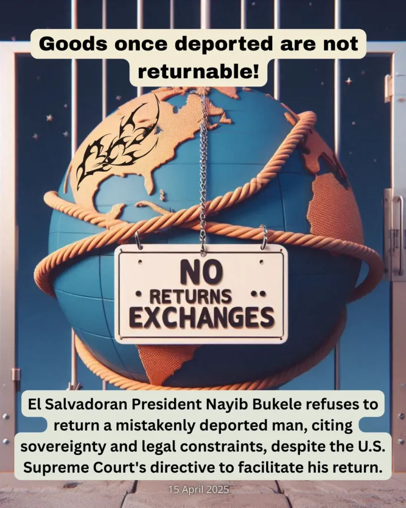 El Salvadoran President Nayib Bukele refuses to return a mistakenly deported man, citing sovereignty and legal constraints, despite the U.S. Supreme Court's directive to facilitate his return.