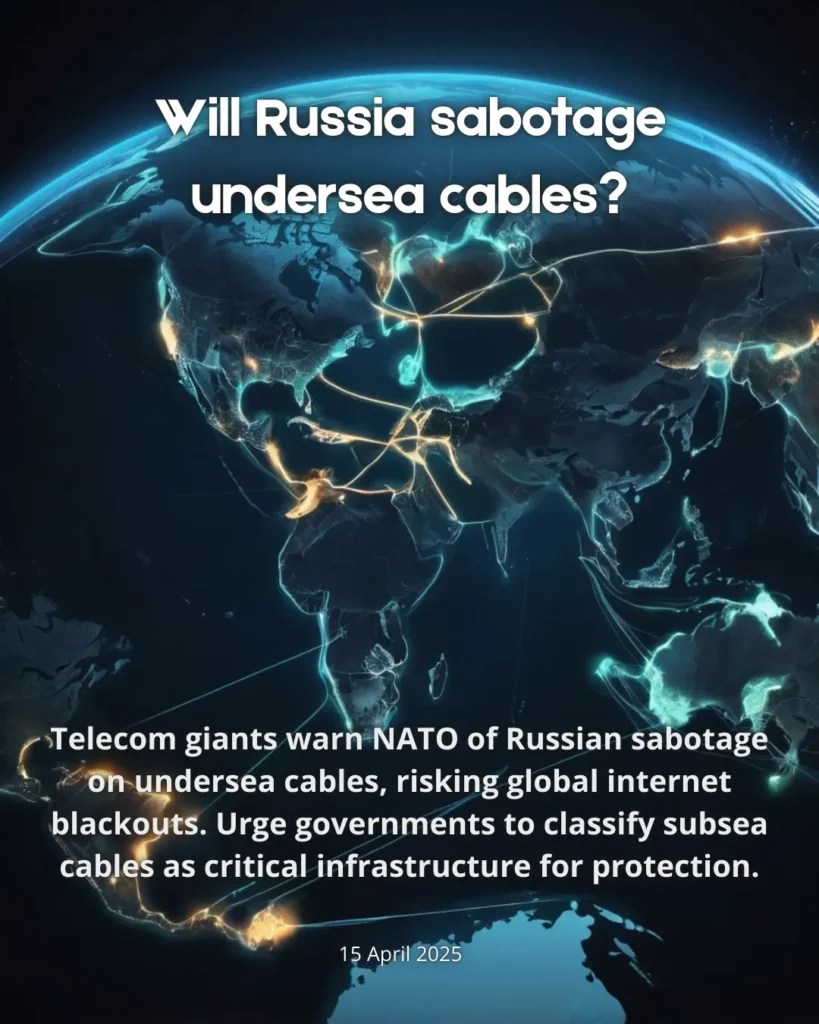 Telecom giants warn NATO of Russian sabotage on undersea cables, risking global internet blackouts. Urge governments to classify subsea cables as critical infrastructure for protection.