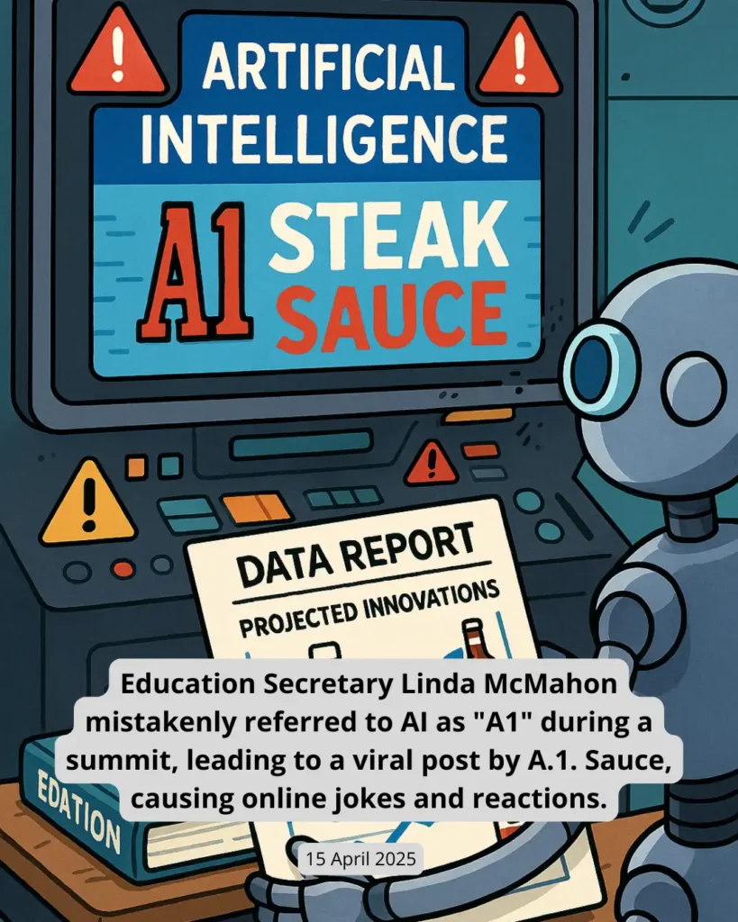 Education Secretary Linda McMahon mistakenly referred to AI as "A1" during a summit, leading to a viral post by A.1. Sauce, causing online jokes and reactions.