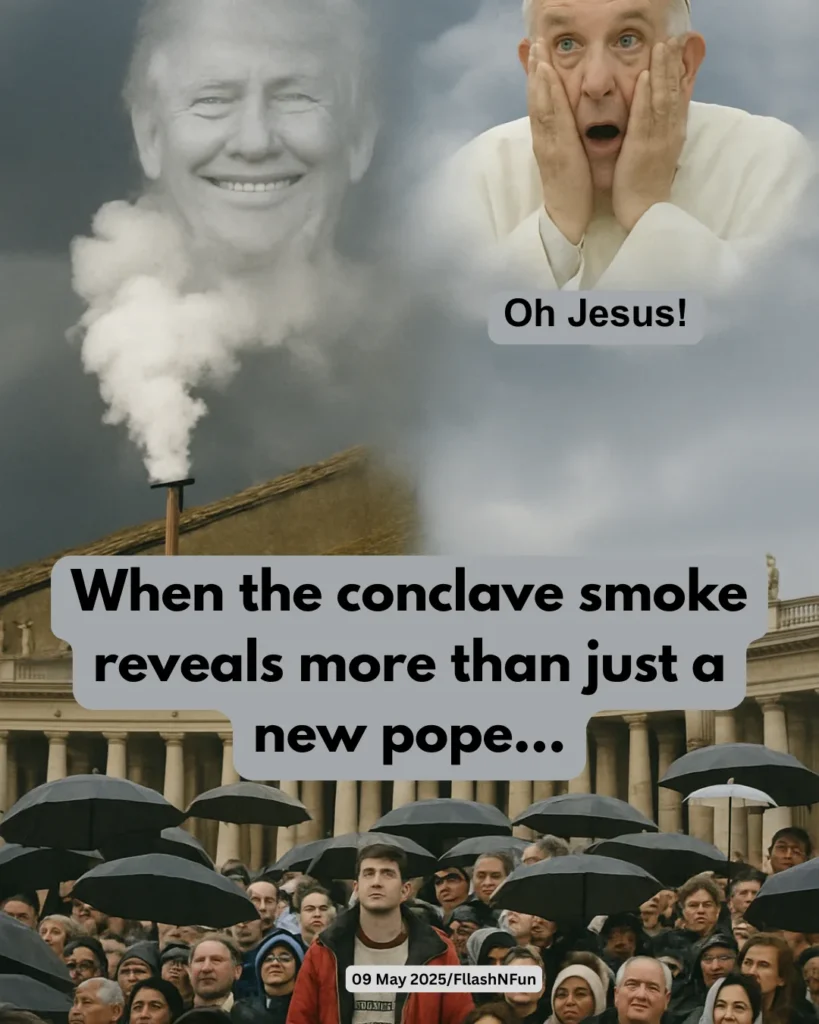 Vatican City conclave smoke forms a ghostly face in the sky while a stunned Pope Francis reacts from heaven—political satire meme.