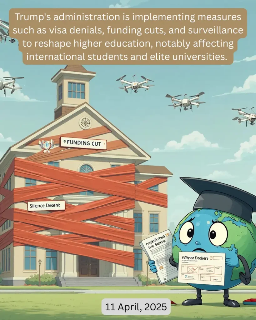 Trump's administration is implementing measures such as visa denials, funding cuts, and surveillance to reshape higher education, notably affecting international students and elite universities.