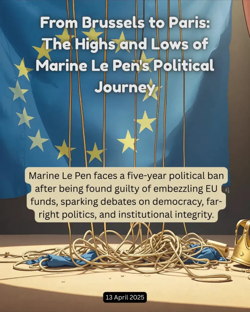 Marine Le Pen faces a five-year political ban after being found guilty of embezzling EU funds, sparking debates on democracy, far-right politics, and institutional integrity.