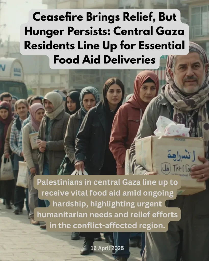 Palestinians in central Gaza line up to receive vital food aid amid ongoing hardship, highlighting urgent humanitarian needs and relief efforts in the conflict-affected region.