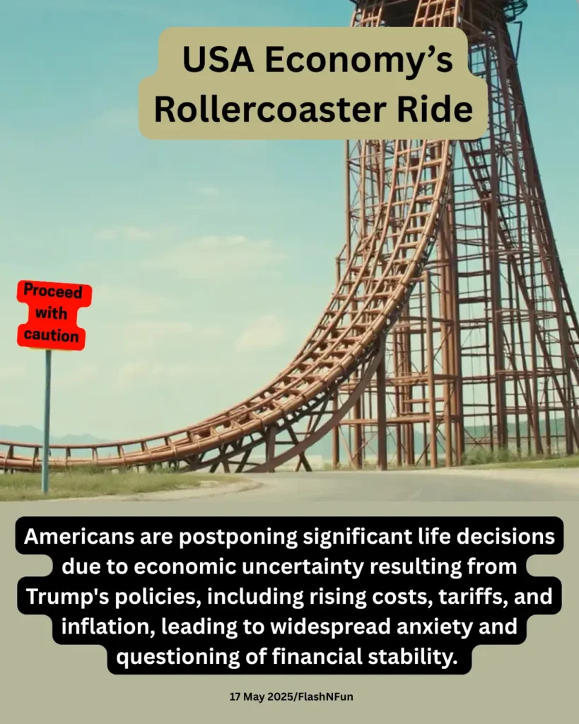 Americans are postponing significant life decisions due to economic uncertainty resulting from Trump's policies, including rising costs, tariffs, and inflation, leading to widespread anxiety and questioning of financial stability.