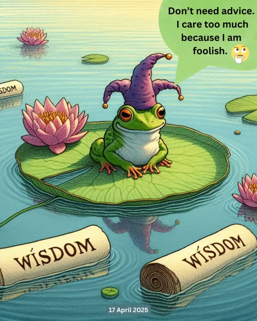 Don’t need advice.
I care too much because I am foolish.#frogwisdom, #funnyfrog, #wisdomquotes, #froglife, #lilypond, #cartoonfrog, #motivationalmemes, #inspirationalart, #quirkyart, #whimsicalart, #naturememes, #animalmemes, #frogmeme, #wisdomoftheday, #mindfulness, #lifelessons, #creativeillustration, #positivevibes, #artdaily, #humorart
