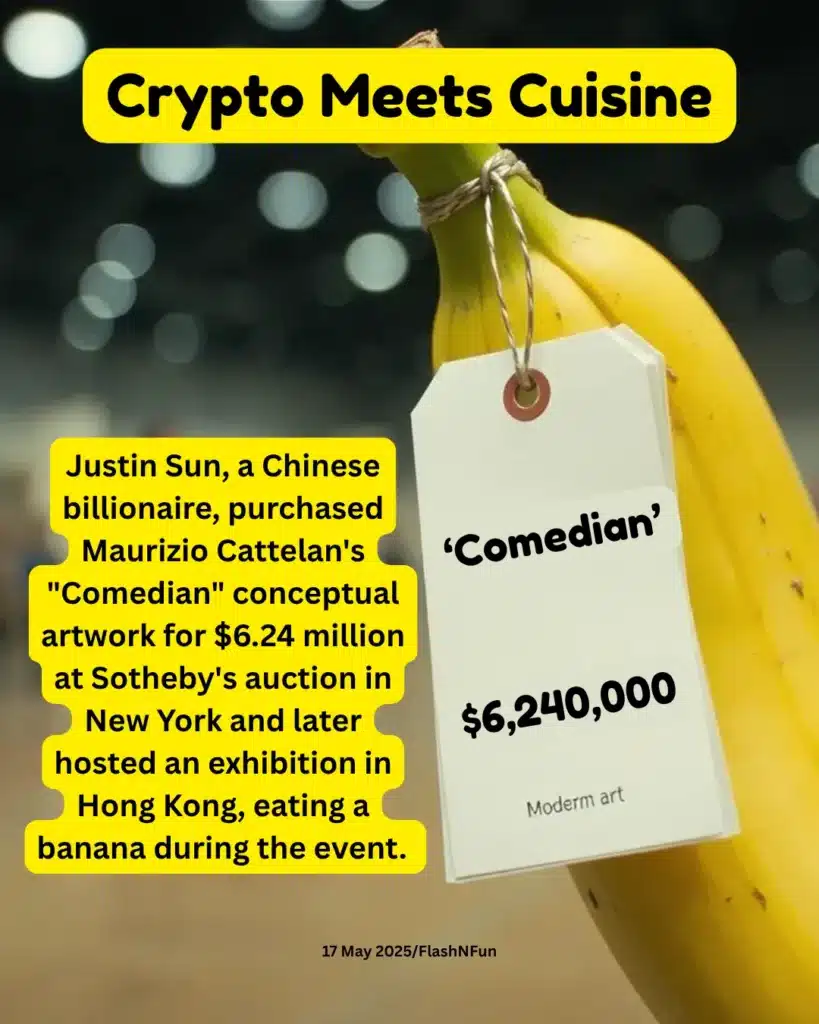 Justin Sun, a Chinese billionaire, purchased Maurizio Cattelan's "Comedian" conceptual artwork for $6.24 million at Sotheby's auction in New York and later hosted an exhibition in Hong Kong, eating a banana during the event#justinsun, #comedianart, #mauriziocattelan, #bananaart, #modernart, #artauction, #sothebys, #cryptobillionaire, #conceptualart, #artnews, #artinvestment, #hongkongexhibition, #cryptoart, #artworld, #funnyart, #artmemes, #flashnfun, #artcollector, #bananameme, #artmarket