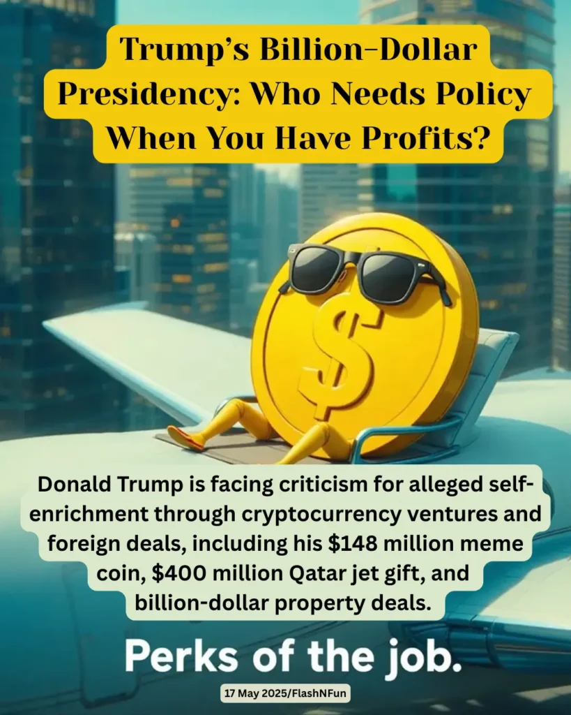Donald Trump is facing criticism for alleged self-enrichment through cryptocurrency ventures and foreign deals, including his $148 million meme coin, $400 million Qatar jet gift, and
billion-dollar property deals.